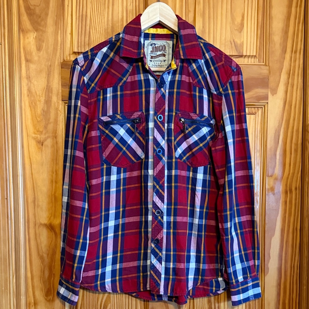 JNCO Long Sleeve Button Front Flannel Skate Shirt w/ Zip Pockets. Size Sm